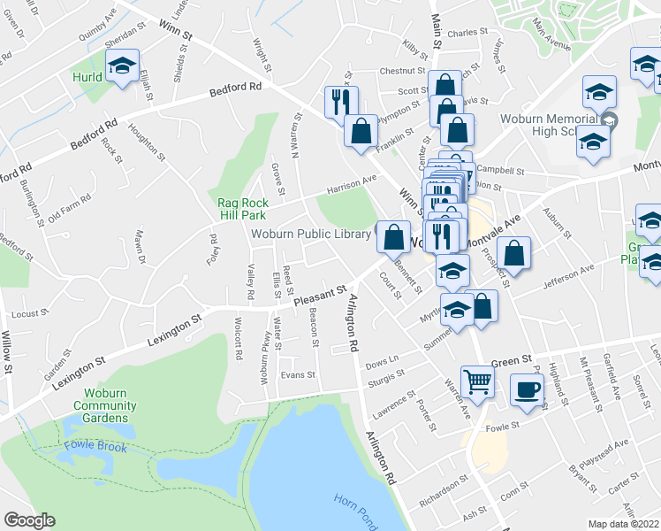 map of restaurants, bars, coffee shops, grocery stores, and more near 6 Munroe Street in Woburn