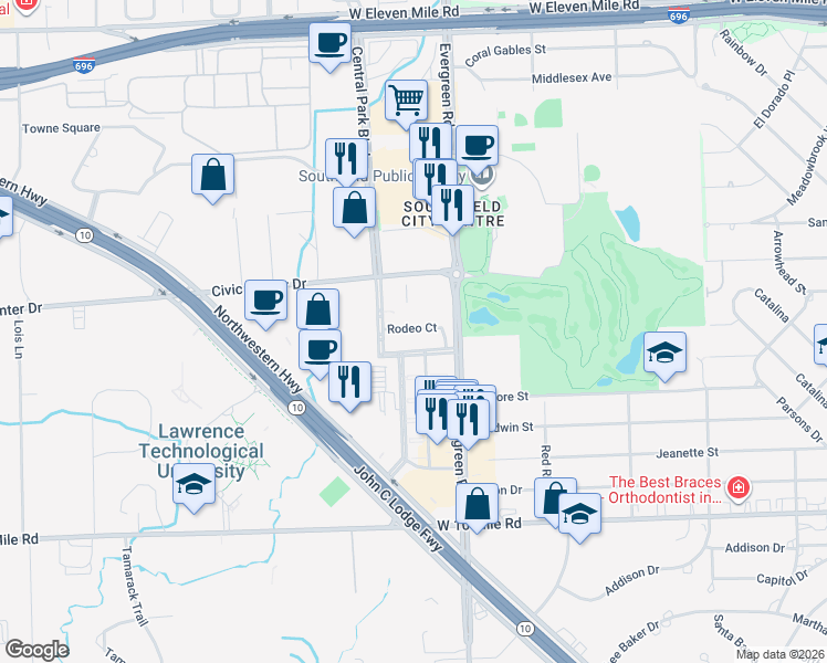 map of restaurants, bars, coffee shops, grocery stores, and more near 20165 Rodeo Court in Southfield