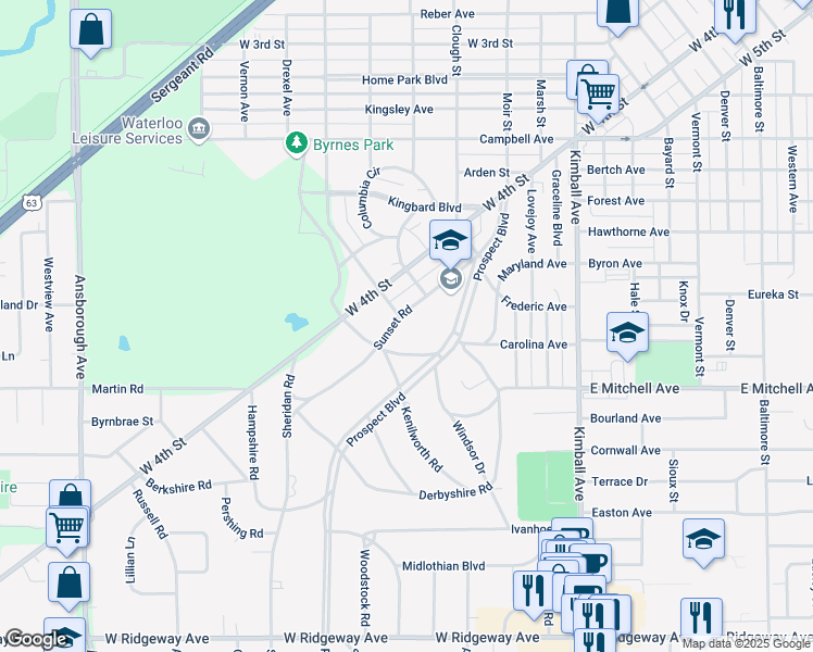 map of restaurants, bars, coffee shops, grocery stores, and more near 401 Sunset Road in Waterloo