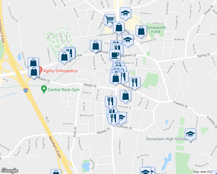 map of restaurants, bars, coffee shops, grocery stores, and more near 13 Maple Street in Stoneham