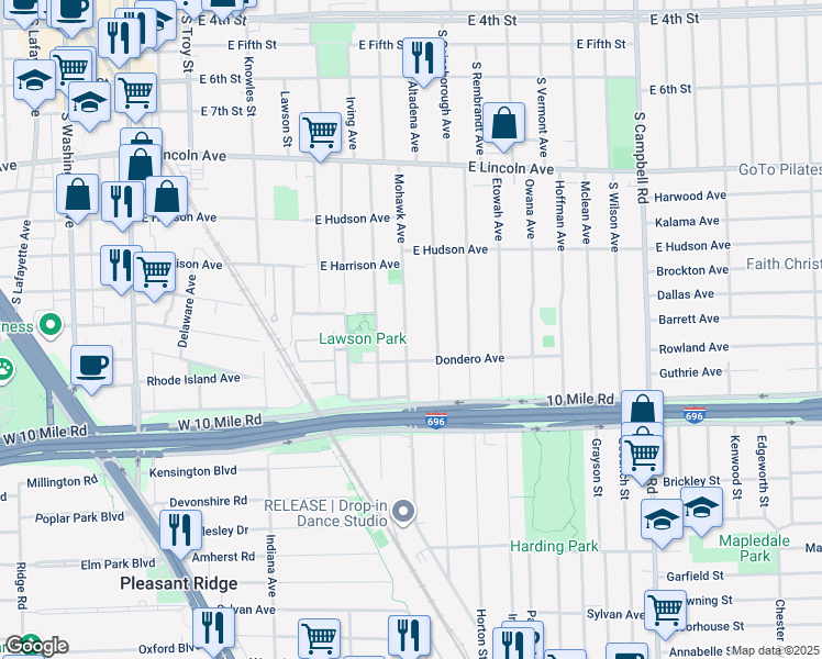 map of restaurants, bars, coffee shops, grocery stores, and more near 1321 Mohawk Avenue in Royal Oak