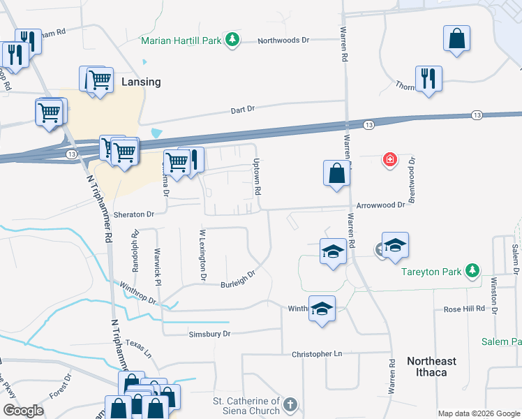 map of restaurants, bars, coffee shops, grocery stores, and more near 195 Uptown Road in Ithaca