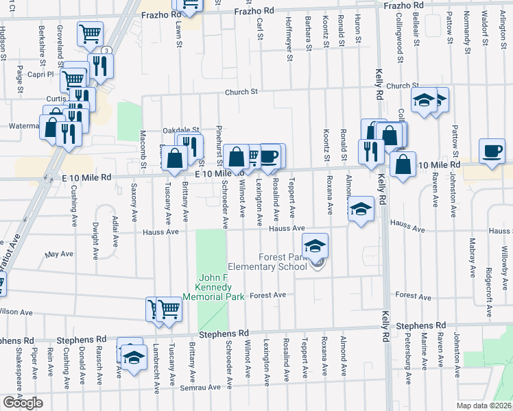 map of restaurants, bars, coffee shops, grocery stores, and more near 24877 Lexington Avenue in Eastpointe