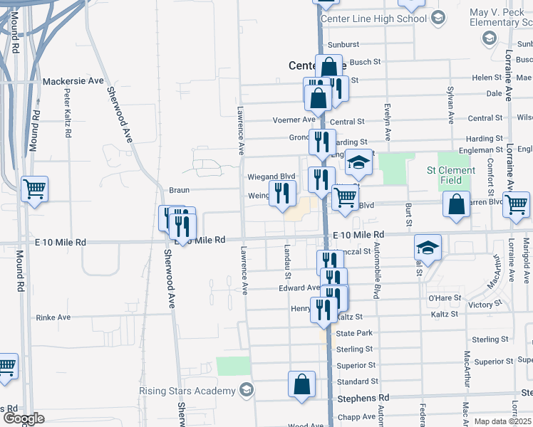 map of restaurants, bars, coffee shops, grocery stores, and more near 7215 East 10 Mile Road in Center Line