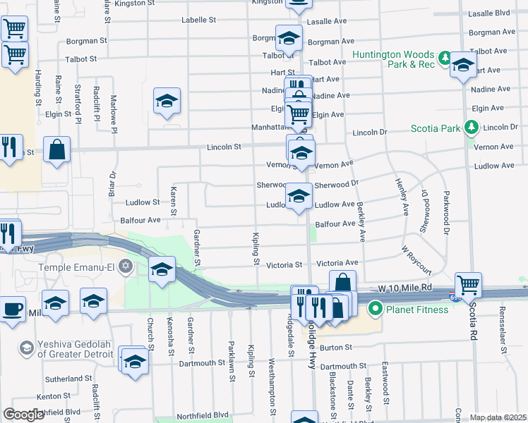 map of restaurants, bars, coffee shops, grocery stores, and more near 13741 Ludlow Street in Oak Park