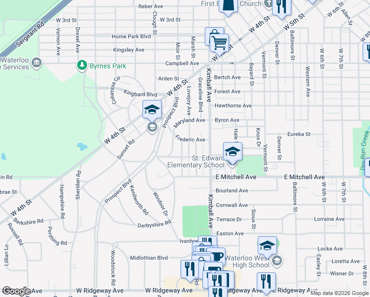 map of restaurants, bars, coffee shops, grocery stores, and more near 115 Hillside Avenue in Waterloo
