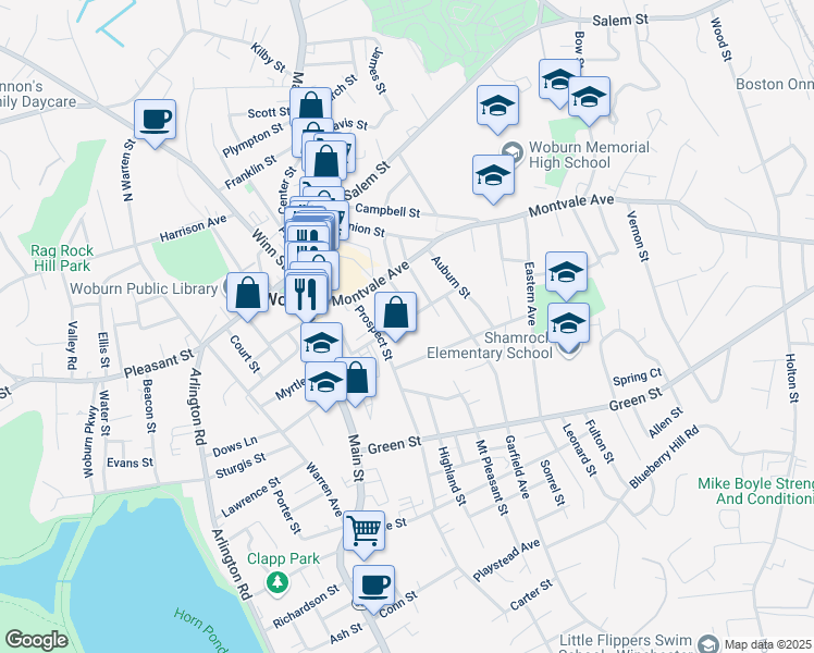 map of restaurants, bars, coffee shops, grocery stores, and more near 49 High Street in Woburn