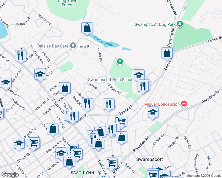 map of restaurants, bars, coffee shops, grocery stores, and more near 82 Burpee Road in Swampscott