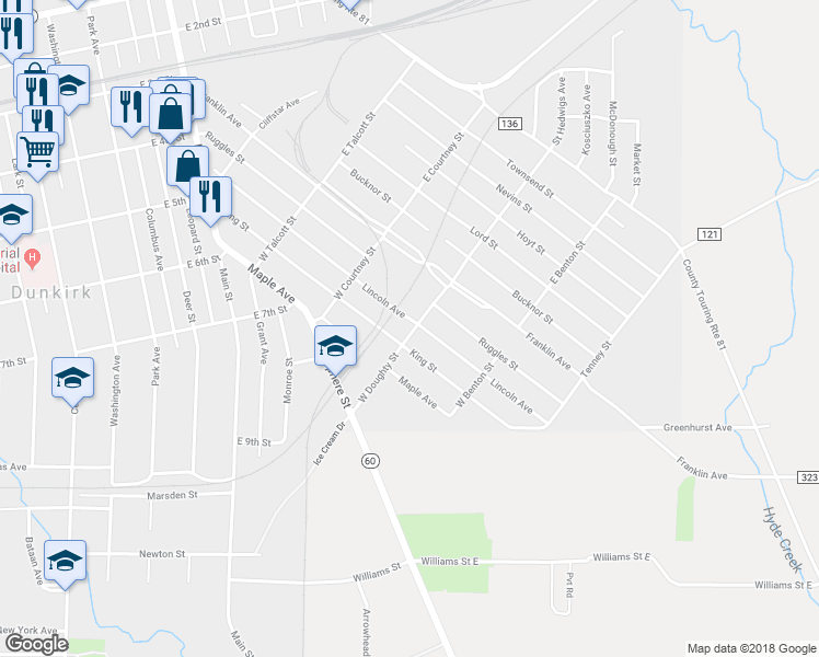 map of restaurants, bars, coffee shops, grocery stores, and more near 40 West Doughty Street in Dunkirk