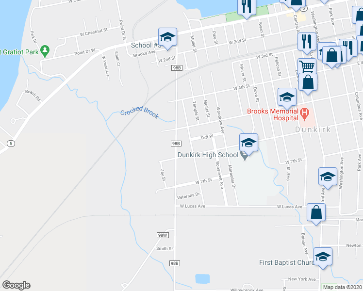 map of restaurants, bars, coffee shops, grocery stores, and more near 146 West 6th Street in Dunkirk