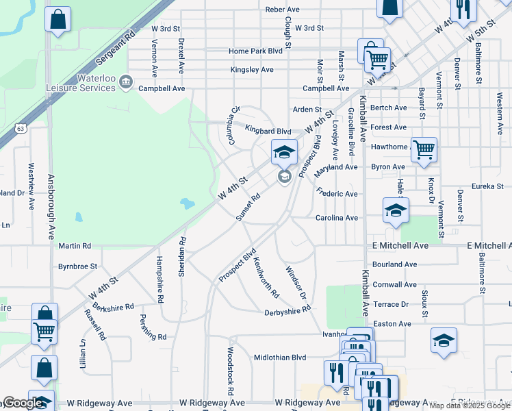 map of restaurants, bars, coffee shops, grocery stores, and more near 401 Sunset Road in Waterloo