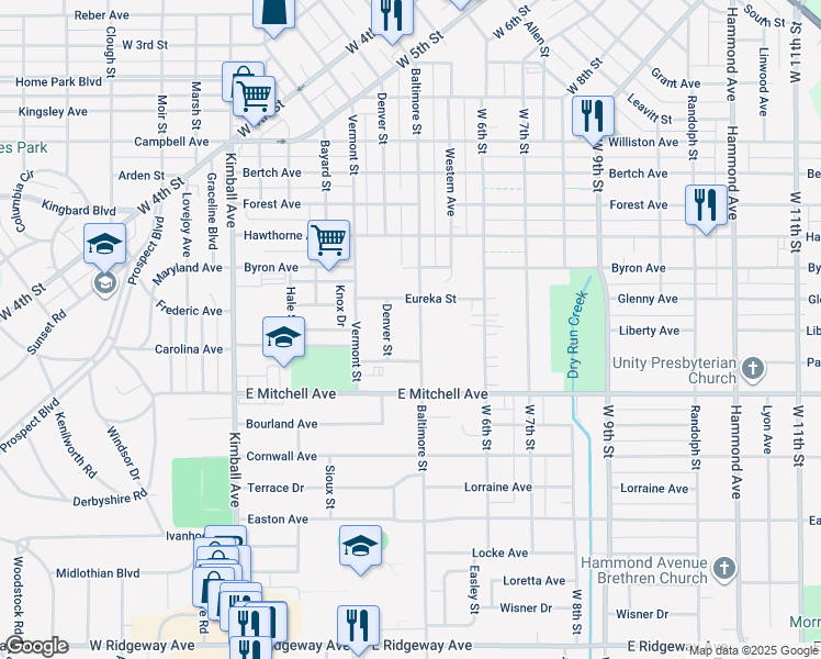 map of restaurants, bars, coffee shops, grocery stores, and more near 1326 Baltimore Street in Waterloo