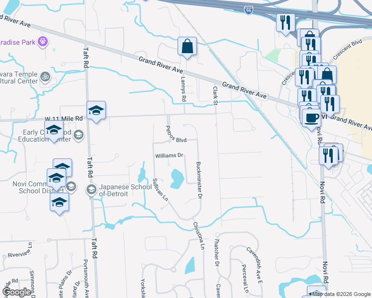 map of restaurants, bars, coffee shops, grocery stores, and more near 44468 Williams Dr in Novi