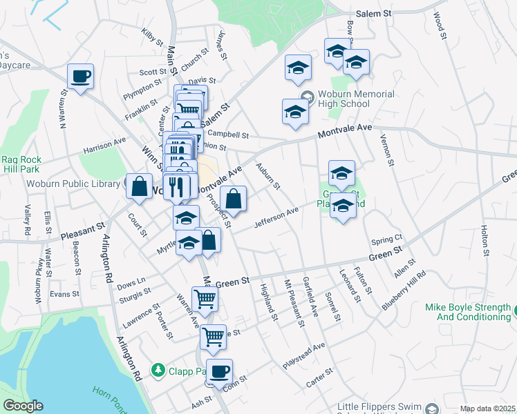 map of restaurants, bars, coffee shops, grocery stores, and more near 23 Fairmount Street in Woburn