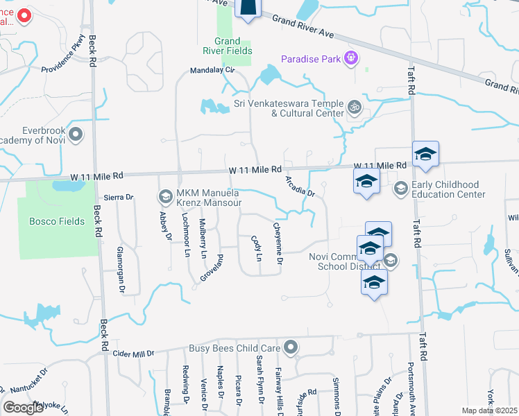 map of restaurants, bars, coffee shops, grocery stores, and more near 25860 Cheyenne Drive in Novi