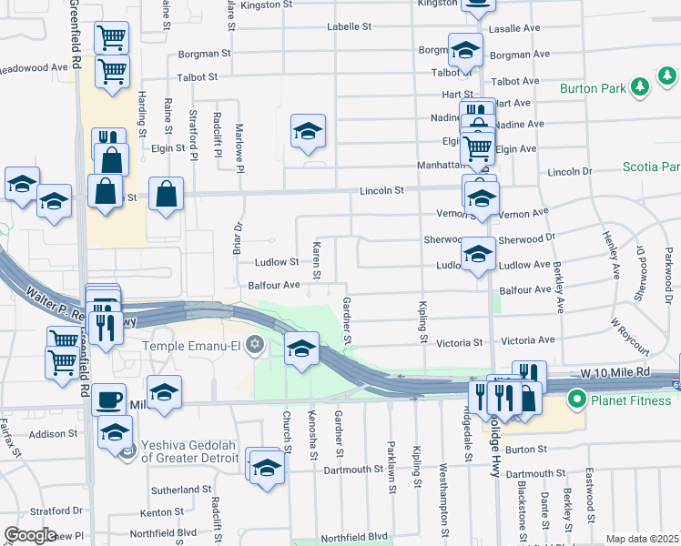 map of restaurants, bars, coffee shops, grocery stores, and more near 25120 Gardner in Oak Park