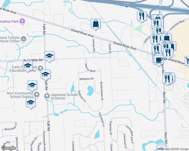 map of restaurants, bars, coffee shops, grocery stores, and more near 44468 Williams Drive in Novi