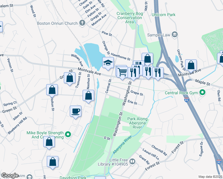 map of restaurants, bars, coffee shops, grocery stores, and more near 4 Asbury Avenue in Woburn