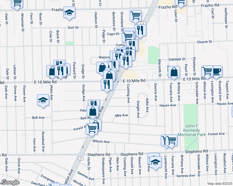 map of restaurants, bars, coffee shops, grocery stores, and more near 24834 Gratiot Avenue in Eastpointe