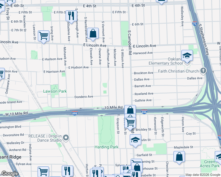 map of restaurants, bars, coffee shops, grocery stores, and more near 1323 Hoffman Avenue in Royal Oak