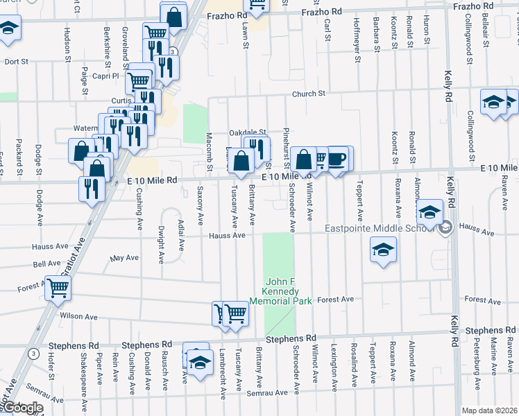 map of restaurants, bars, coffee shops, grocery stores, and more near 24880 Brittany Avenue in Eastpointe
