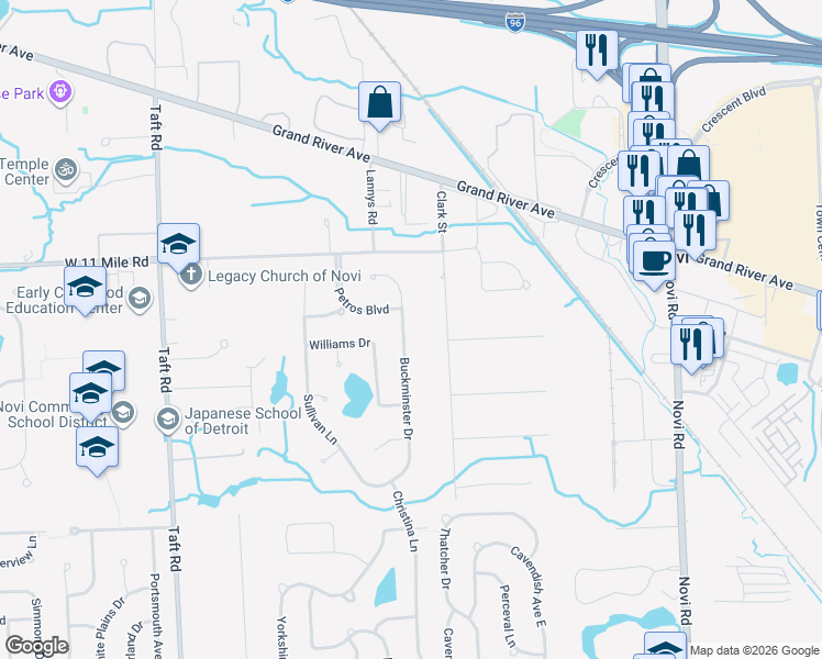 map of restaurants, bars, coffee shops, grocery stores, and more near 25616 Buckminster Drive in Novi