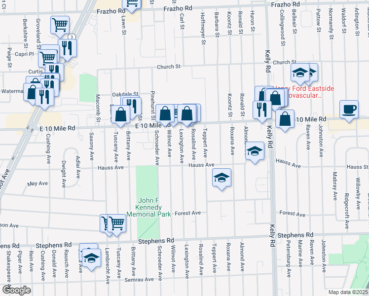 map of restaurants, bars, coffee shops, grocery stores, and more near 24874 Lexington Avenue in Eastpointe