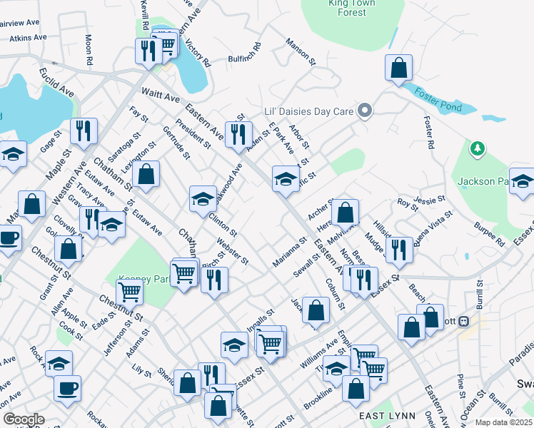 map of restaurants, bars, coffee shops, grocery stores, and more near 111 Birch Street in Lynn