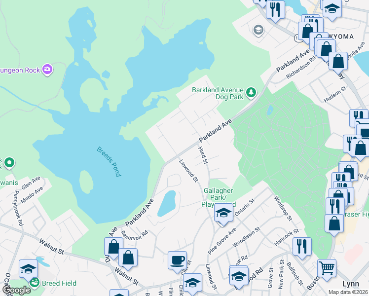 map of restaurants, bars, coffee shops, grocery stores, and more near 303 Parkland Avenue in Lynn
