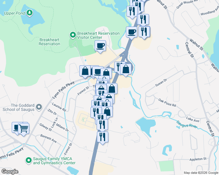map of restaurants, bars, coffee shops, grocery stores, and more near 584 Broadway in Saugus