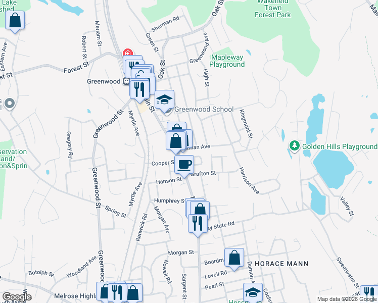 map of restaurants, bars, coffee shops, grocery stores, and more near 7 Pitman Avenue in Wakefield