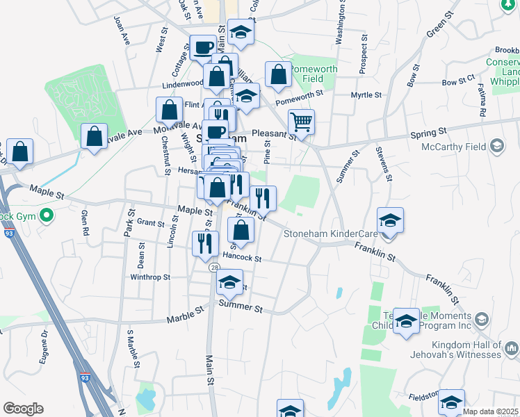 map of restaurants, bars, coffee shops, grocery stores, and more near 50 Franklin Street in Stoneham