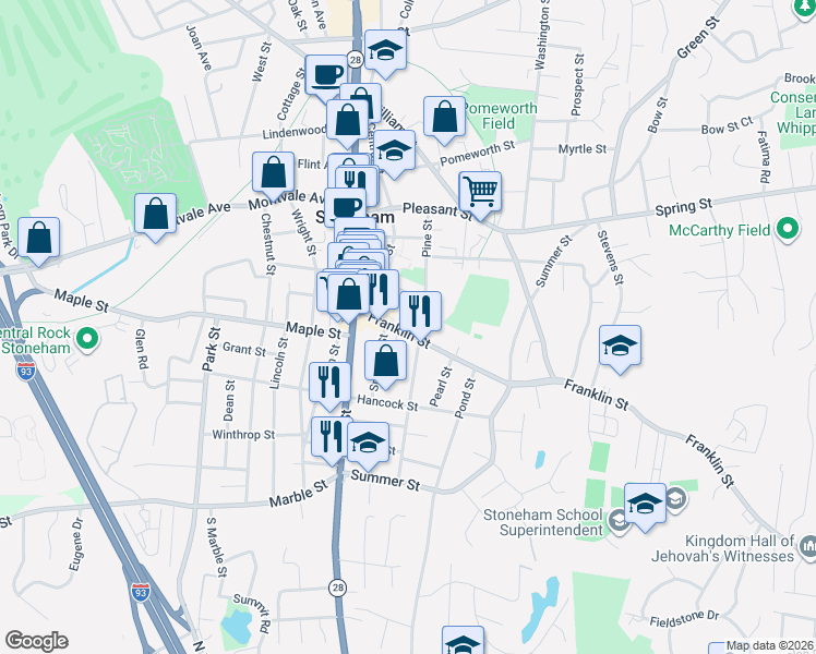 map of restaurants, bars, coffee shops, grocery stores, and more near 50 Franklin Street in Stoneham