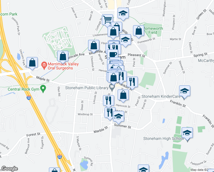 map of restaurants, bars, coffee shops, grocery stores, and more near 13 Maple Street in Stoneham