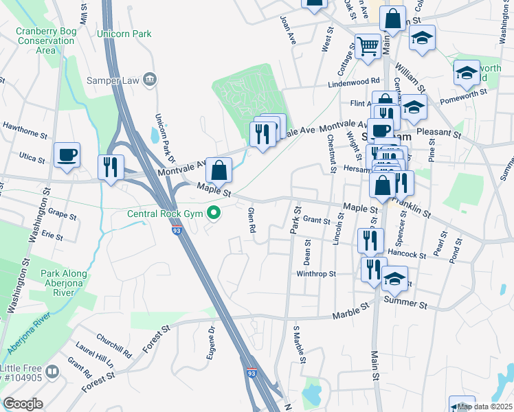 map of restaurants, bars, coffee shops, grocery stores, and more near 74 Maple Street in Stoneham