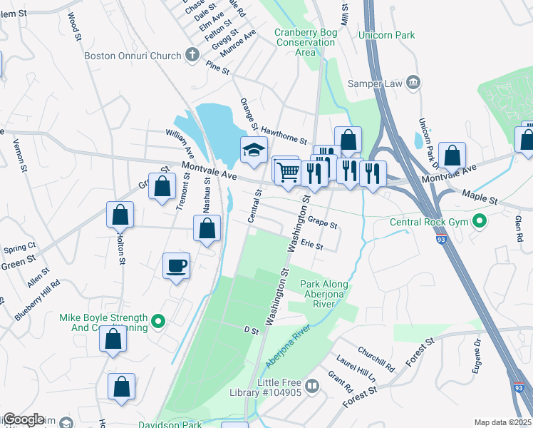 map of restaurants, bars, coffee shops, grocery stores, and more near 4 Asbury Avenue in Woburn