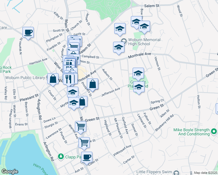 map of restaurants, bars, coffee shops, grocery stores, and more near 23 Fairmount Street in Woburn