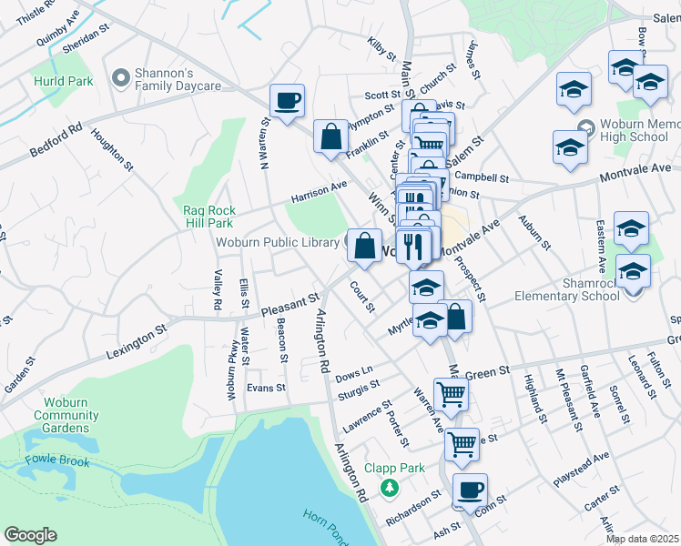 map of restaurants, bars, coffee shops, grocery stores, and more near 7 Wade Place in Woburn