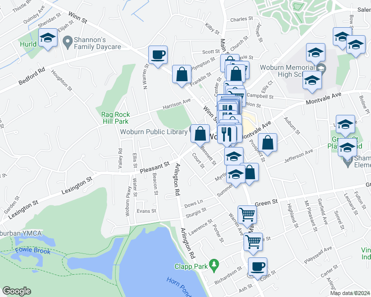 map of restaurants, bars, coffee shops, grocery stores, and more near 7 Wade Place in Woburn
