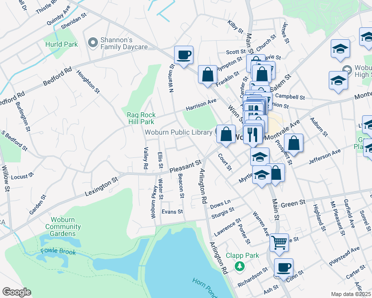 map of restaurants, bars, coffee shops, grocery stores, and more near 6 Munroe Street in Woburn