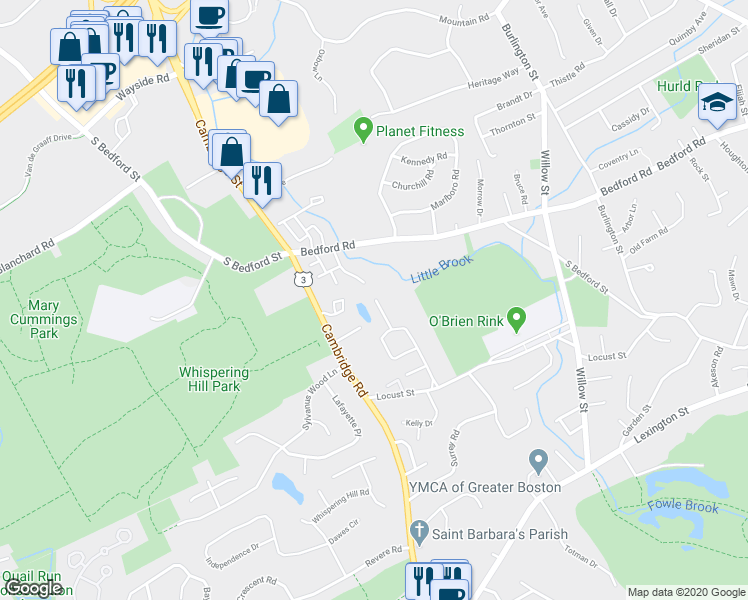 map of restaurants, bars, coffee shops, grocery stores, and more near 470 Wildwood Avenue in Woburn