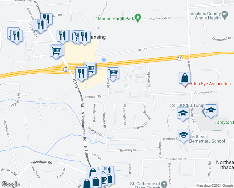 map of restaurants, bars, coffee shops, grocery stores, and more near 20 Sheraton Drive in Ithaca