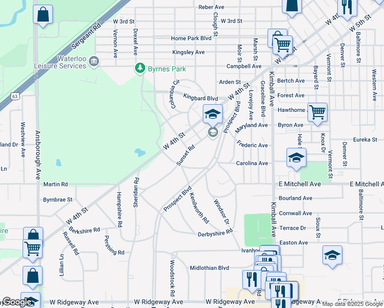 map of restaurants, bars, coffee shops, grocery stores, and more near 401 Sunset Road in Waterloo