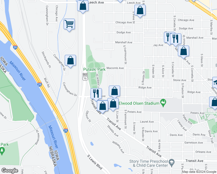 map of restaurants, bars, coffee shops, grocery stores, and more near 2501 Ridge Avenue in Sioux City