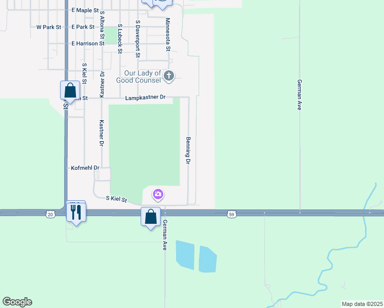 map of restaurants, bars, coffee shops, grocery stores, and more near 640 Benning Drive in Holstein