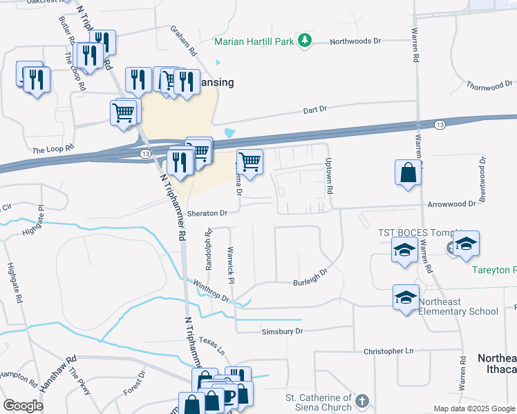 map of restaurants, bars, coffee shops, grocery stores, and more near 5 Cinema Drive in Ithaca