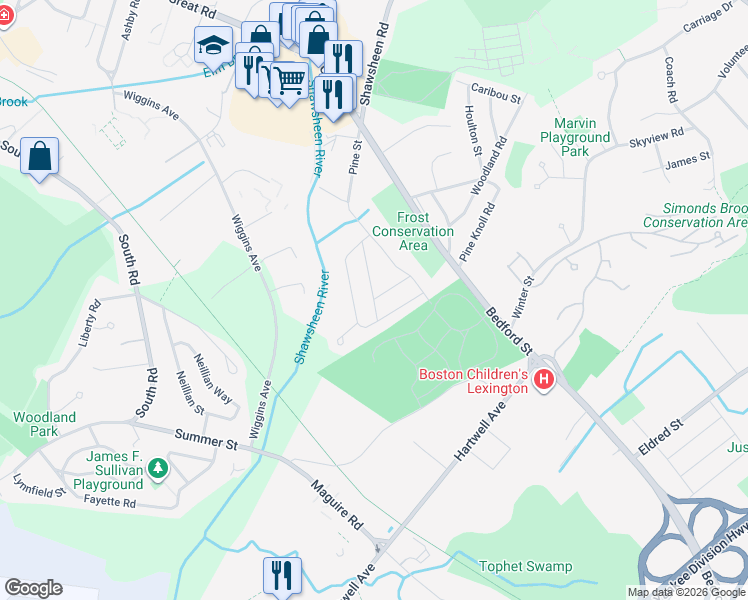 map of restaurants, bars, coffee shops, grocery stores, and more near 14 Sunnyfield Road in Bedford