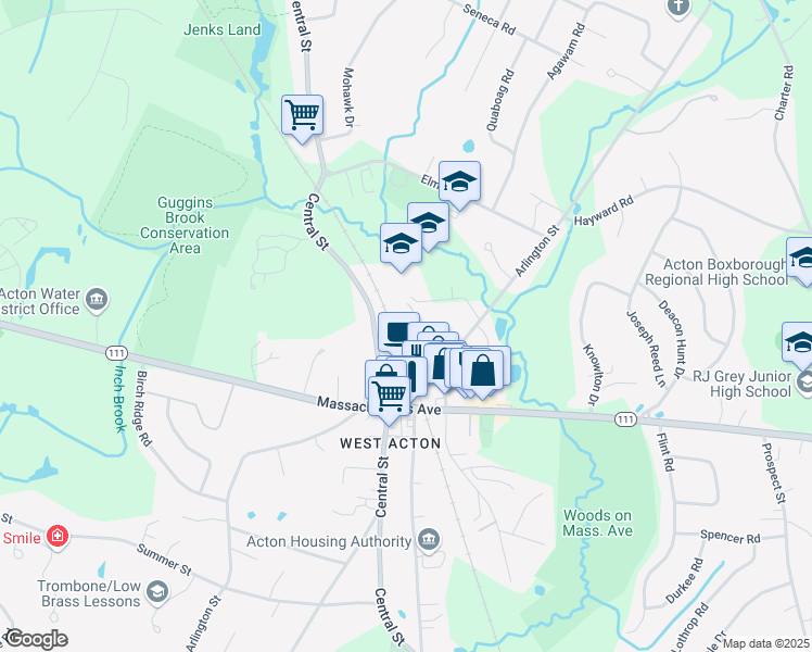 map of restaurants, bars, coffee shops, grocery stores, and more near 44 Spruce Street in Acton