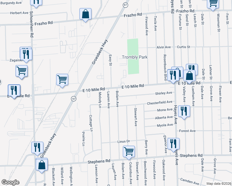 map of restaurants, bars, coffee shops, grocery stores, and more near 24985 Bolam Avenue in Warren