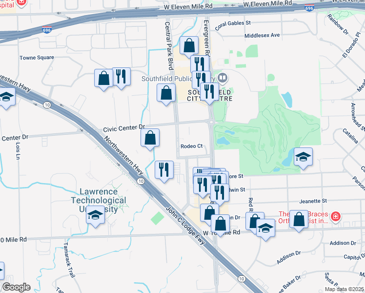map of restaurants, bars, coffee shops, grocery stores, and more near 20265 Rodeo Court in Southfield